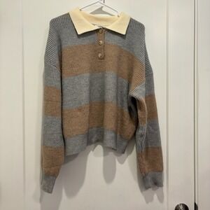 Butter Melon Striped Polo Sweater Grey Tan Ribbed Knit Button Collar Women M